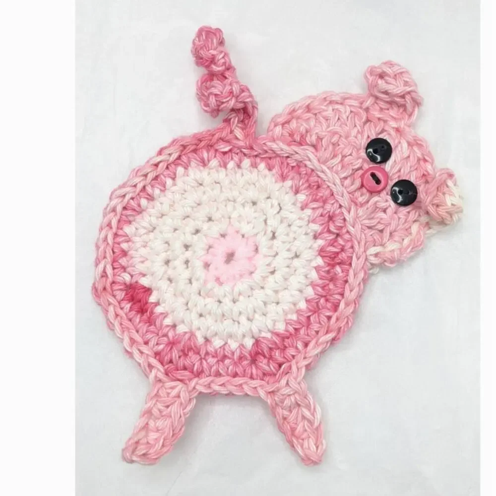 Crochet Pig Butt Coasters Hand Crafted Set of Two Peeking Piggy Table Mug Rug